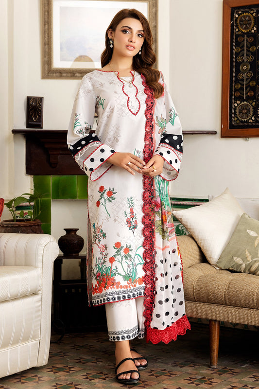 3-PC Unstitched Embroidered Lawn Shirt with Embroidered Chiffon Dupatta and Trouser CRN4-15